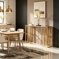 Table console de luxe en métal doré avec plateau en marbre, design moderne pour entrée, couloir, salon et usage hôtelier