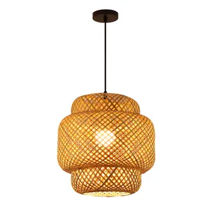 China Natural bamboo handmade wicker hanging lamps rattan pendant light led chandelier for foyers ceiling lamps
