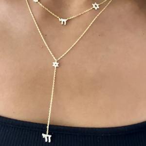 Collana da Donna in Argento Sterling 925 Placcato Oro con Ciondolo Stella di <span class=keywords><strong>David</strong></span> Chai a Forma di Y con Zirconi Cubici, Gioielli Ebraici - Product Image 2