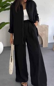 Nouveau style femme ensemble deux pièces pantalon ample et haut motif solide longueur cheville - Product Image 4