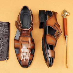 Sandalias de Verano para Hombre, Personalizadas, de Lujo, Tejidas a Mano, Transpirables, de Cuero Vacuno, Casuales de Negocios, Punta Abierta, Cierre de Velcro - Product Image 1