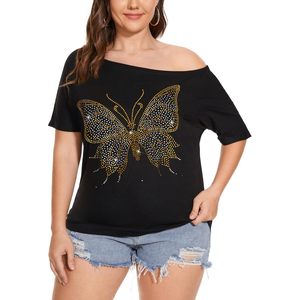 Womens Off The Shoulder <b>Top</b> Short Sleeve Asymmetric <b>Butterfly</b> Rhinestone T Shirt Black Plus Size - Product Image 3