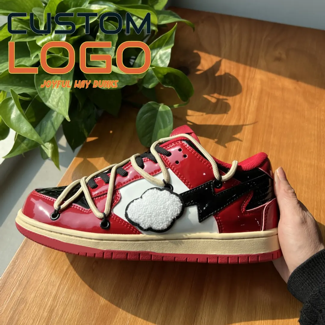 joyful way dunks custom sneakers for men, red patent leather casual custom branded sneakers walking shoe
