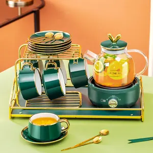 लक्जरी कॉफी और चाय सेट चाय के बर्तन सेट के साथ हीटर और चाय के कप और saucers कर सकते हैं अलग से खरीदा चाय मेकर चाय मग