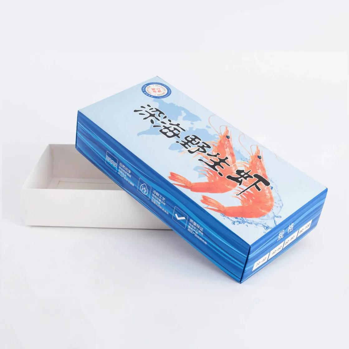 Mavi özelleştirilmiş kağıt dondurulmuş gıda kapaklı kutu ambalaj dondurulmuş balık kutu su geçirmez karides kutusu