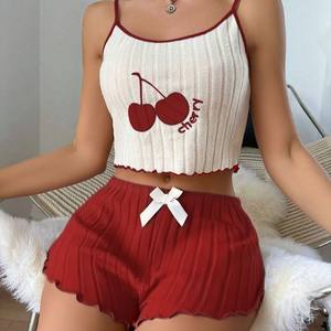 Conjunto de Pijama de Verano Estilo Europeo Americano para Mujer, Camisola y Pantalones Cortos de Nylon Elástico con Cintura Elástica, Disponible en Stock - Product Image 2