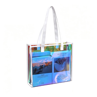 Sac fourre-tout transparent en PVC 33x27x12cm, matériau holographique irisé laser avec poignée renforcée, logo personnalisé pour cadeaux et vente au détail