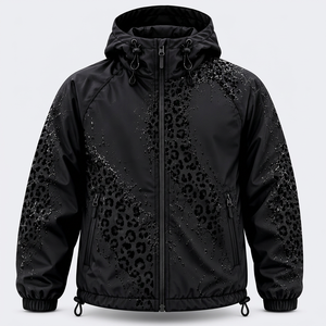 Water Reactive Windproof 100% Polyester Leopard Print Hunting <b>Jacket</b> Black Hooded Outdoor Raincoat Full Zip <b>Camouflage</b> Wear - Product Image 1