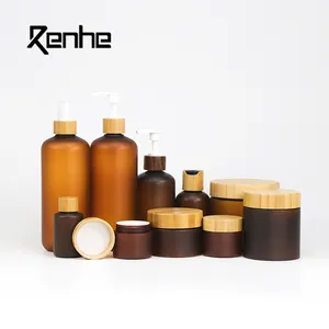 120ml 250ml 500ml Eco Friendly Decomposable Pet Cosmetic Shampoo And Conditioner Frosted Amber Pump Bottles With Bamboo Lid Pump