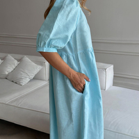 Simple plaine femmes col en v à manches courtes robe bleu clair 2024 dames élégantes lâche longue coton femmes robes décontracté été