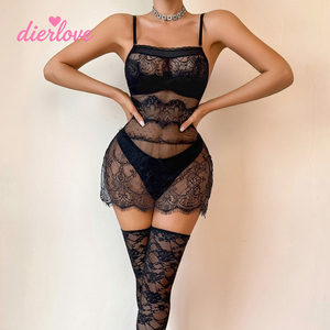 Conjunto de Lencería Sexy de <span class=keywords><strong>3</strong></span> Piezas Dierlove: Vestido Lencero Negro con Tirantes Finos, Volantes en el Bajo y Medias Tipo Tanga - Product Image 1