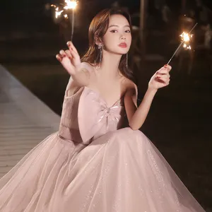2021New Design Bridesmaid Dress Summer Korean Style Pink Off shoulder Sisters Fairy Banquet Wedding Evening Dress