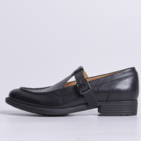 Mocassins plats pour femmes en cuir véritable noir respirant à bout rond avec boucle de sangle réglable