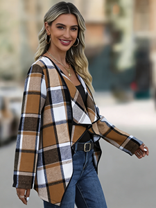 Abrigo a Cuadros Marrón con Bloques de Color para Mujer |   Chaqueta Oversize Elegante para Tallas Grandes |   Ropa de abrigo informal para otoño e invierno - Product Image 4