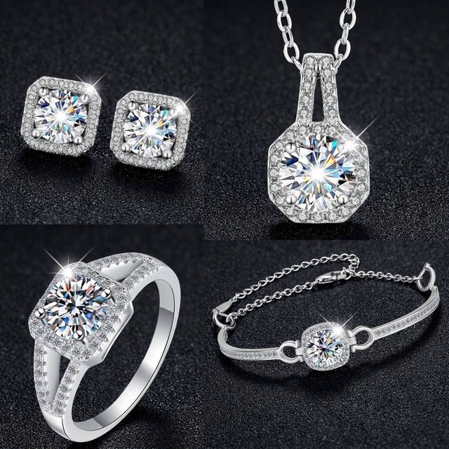 Luxury 925 Silver Jewelry Sets for Women Ladies with Moissanite Bracelet Ring Earring Necklace for Party Engagement