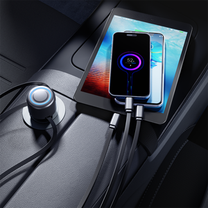 4 in 1 Fast Car Charger Fast <b>Charging</b> QC 3.0 PD 60W quick car charger with 2 Retractable <b>Cables</b> - Product Image 3