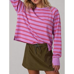 T-shirt rayé personnalisé pour femme à manches longues, col rond, manches raglan, coupe ample, décontracté, avec trous pour les pouces et fentes latérales - Product Image 5