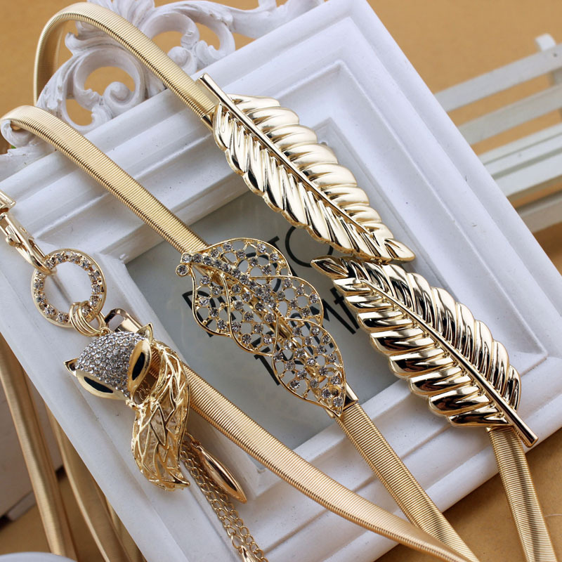 gold trim wedding dress Ro Rox Annette Feather Metallic Stretchy Chain Leaf Belt