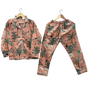 Peach animal printed cotton night <b>suit</b> set with button shirt <b>pajama</b> jungle pattern soft comfortable lounge wear sleepwear casual - Product Image 1
