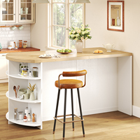 Îlot de cuisine ovale sur mesure en chêne blanc avec comptoir en MDF, armoire de rangement, tiroirs, étagères ouvertes, bar à petit-déjeuner autoportant