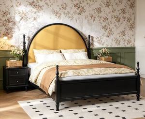 Premium <b>Queen</b> <b>Size</b> Black Wood Spindle <b>Bed</b> With Yellow Arched Upholstered Headboard For Bedroom - Product Image 4