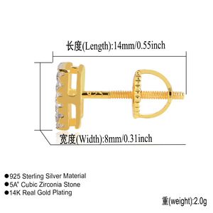 BES Hip Hop erkek mikro kaplamalı 5A kare buzlu Out CZ 925 ayar gümüş düğme küpe Bling rapçi takı - Product Image 5
