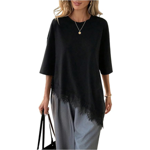 T-<span class=keywords><strong>shirt</strong></span> asymétrique tendance pour <span class=keywords><strong>femme</strong></span> avec dentelle, collection été 2026, décontracté chic, col rond, coupe oversize, manches 3/4, longueur longue - Product Image 1