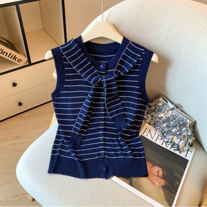 Chaleco sin mangas de punto a rayas azul marino y gris con cuello tipo chal para mujer, ropa de otoño - Product Image 1