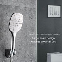 Pommeau de douche à main en plastique chromé à tête circulaire avec bouton interrupteur, jet pluie et massage, design moderne