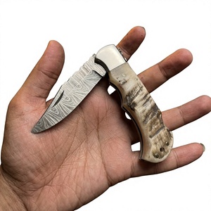 High Quality Damascus Steel <b>Folding</b> Blade Pocket <b>Knife</b> Sheep Horn Handle Hunting Camping Use 58 HRC Hardness 3-Year Warranty - Product Image 3