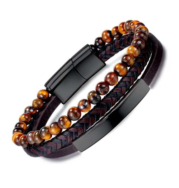 Nique gents-pulsera de cuero de acero inoxidable para hombre, brazalete tejido a mano con piedra ámbar de tigre