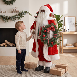 Quilted Red Robe Black Santa Claus Figure Pine Wreath Papa Noel Doll for Shop Entrance <b>Xmas</b> Decor - Product Image 1