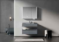 Meuble de salle de bain moderne avec miroir LED en contreplaqué gris, vasque, miroir de maquillage, organisateur de lavabo, meuble sous-vasque en pierre, mural