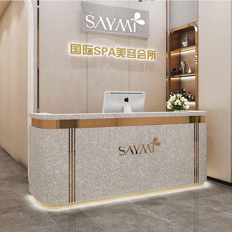 Banco Reception Con Decorazione Marmo - 120x110x47 Cm, Con Cassetti E Protezione Privacy - Foto 12
