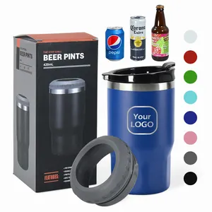 Atacado OEM 14oz 4 em 1 Can Cooler Dual Lids Pó Revestido em Aço Inoxidável Double Wall Vacuum Isolados Beer Cooler Can Holder