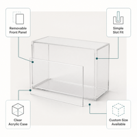 Vitrine d'exposition personnalisée en acrylique transparent avec ouverture frontale, panneau amovible, fente pour objets de collection, bijoux, impression UV, logo OEM