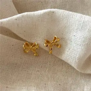 New Hypoallergenic Fine S925 Sterling Silver Bowknot Earrings Women Korean Cute Tiny 18K Gold Plated Bow Stud Earrings Jewelry