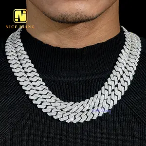 Iced Out 3rows Cuban Moissanite Chain 925 Silver 14mm Miami Cuban Link Men Fashion Vvs Lab Diamond Prong Cuban Necklace Bracelet