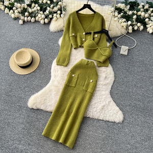 Set Economico da Donna in Due Pezzi: Top con Scollo a V e Bordi in Pizzo, Cardigan a Maniche Lunghe con Gonna Midi a Vita Alta, Stile da Ufficio - Product Image 6