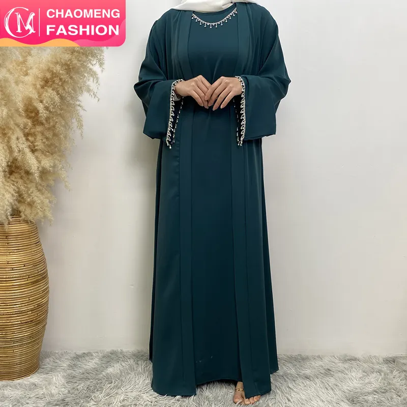 2006 + 6595 # Nida kumaş düz renk iki adet set mütevazı kaftan ramazan elmas dubai abayas kolsuz kayma elbise ile