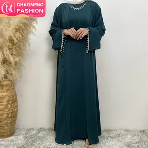 2006 + 6595 # Nida Stof Effen Kleur Tweedelige Set Bescheiden Kaftan Ramadan Diamant Dubai Abaya 'S Met Mouwloze Slipdress