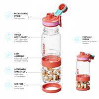 Ensemble bouteille d'eau 21 oz et pot à collation 7 oz en Tritan PP, bouteille de sport avec couvercle à bec verseur et boucle pratique pour la gym et les pique-niques