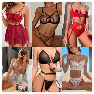 Nouvelle collection de lingerie sexy pour femme : Ensemble soutien-gorge à armatures en dentelle, avec string et porte-jarretelles, motif floral, extensible et ajouré - Product Image 3