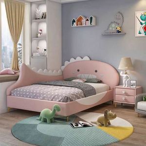 Lit d'enfant moderne au design dinosaure, structure en bois robuste, tête de lit rembourrée en coton confortable, taille complète pour chambre d'enfant - Product Image 4