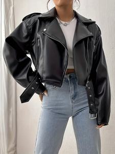 מעיל עור אופנתי לנשים בצבע בהתאמה אישית, עיטור קריסטל, טכניקת רקמה, רוכסן חורף, ייצור חיצוני בצבע אחיד - Product Image 2