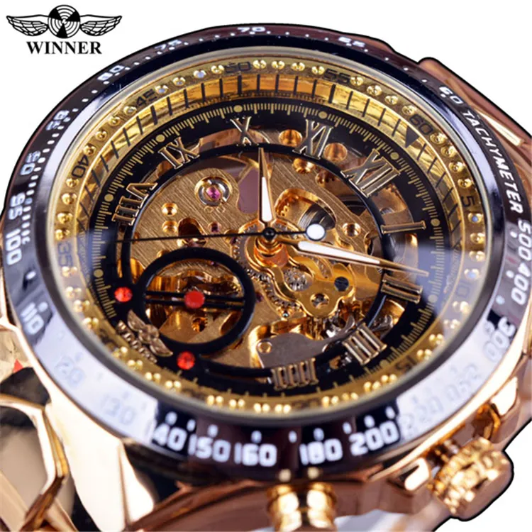 ผู้ชนะนาฬิกา016ใหม่จำนวนกีฬาออกแบบ Bezel Mens นาฬิกาโครงกระดูก Automatic Mechanical นาฬิกา