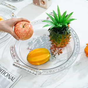Ensemble de 3 plateaux en plastique de qualité supérieure avec bordures dorées, motif gravé doré, poignées élégantes pour servir des fruits et des aliments - Product Image 2