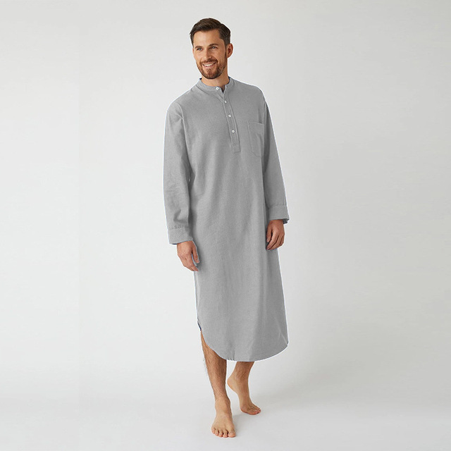 AliExpress Muslim Men's Cotton European American Sleepwear Long-Sleeved Buttoned Solid Color Arab Shirt Cross-Border Robe