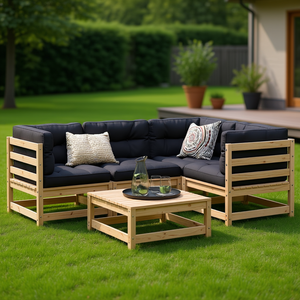 Ensemble de canapés de jardin modulaires en bois de pin massif naturel, mobilier d'extérieur 6 places, design contemporain - Product Image 2