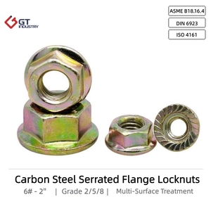 Proveedor de Fábrica ASME B18.16.4 B18.2.2 Grado 2/5/8 6 # Tuerca hexagonal con brida de 2'' en acero al carbono, cincada y serrada - Product Image 1